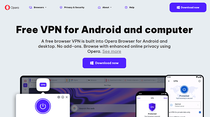 A screenshot of the Opera VPN Free homepage.