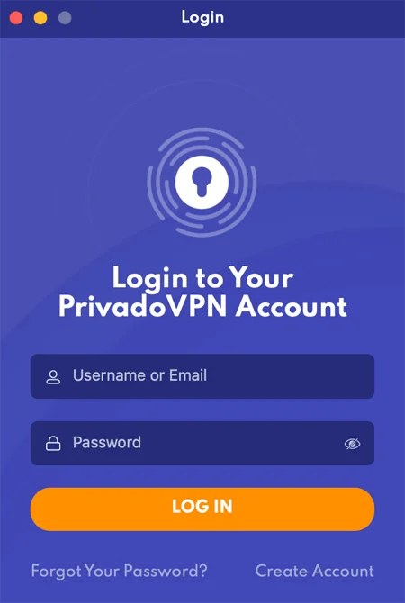 Printscreen da página de login do app para Windows da PrivadoVPN, sem tradução para o português